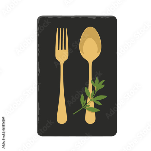 Golden Fork And Spoon On Black Plate With Green Sprig Elegant Dining Symbol Isolated On White Background Restaurant Flat Lay Still Life