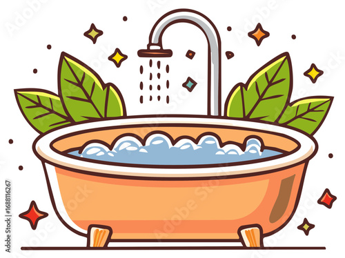 Cartoon Bathtub with Water and Bubbles Flowing from Faucet Surrounded by Green Leaves