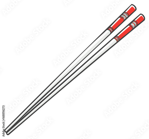 Pair of white chopsticks with red decorative bands at one end for eating Asian food