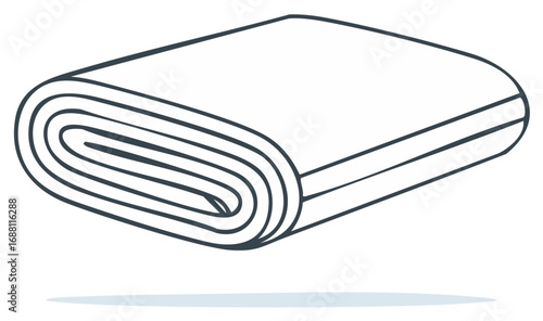Neatly rolled textile material presented as a clean vector outline illustration. Simple line art drawing of a cloth roll.