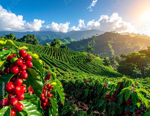 Arabica Coffee Plantation with Ripe Red Cherries. 