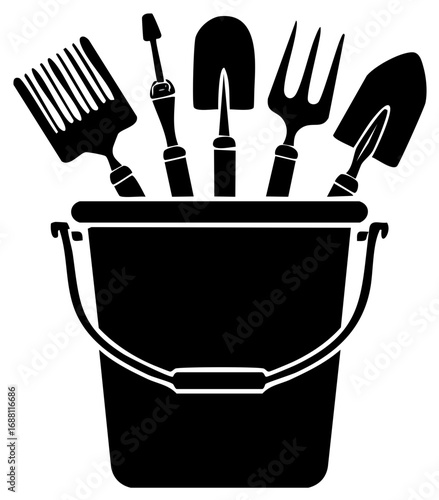 Gardening Tools in a Bucket Silhouette