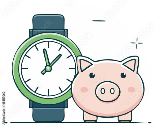 Green wristwatch and pink piggy bank illustration symbolizing time, money, and financial savings concept.