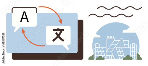 Dialogue bubbles with language translation arrows and a contemporary mall structure. Ideal for communication, translation, globalization, shopping, travel, linguistics, consumer interaction. Simple