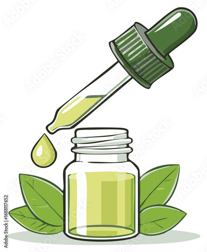 Dropper with oil drop above a bottle surrounded by green leaves on white background