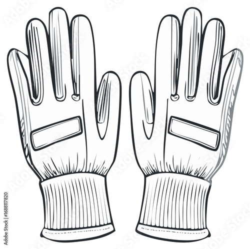 Line art illustration of a pair of protective utility gloves handwear sketch