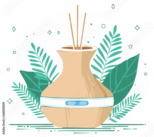 Aromatherapy diffuser with natural reeds surrounded by lush green leaves promoting relaxation and wellness