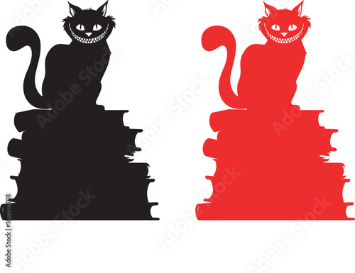 Cat silhouette on books vector illustration, cheshire cat art book lover gift idea