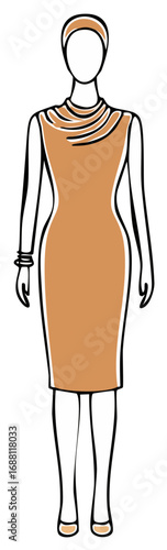 Minimalist fashion illustration of a woman in a fitted sleeveless tan cowl neck dress