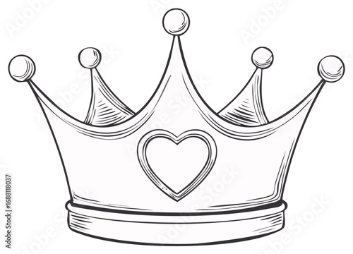 Elegant line art of a crown with heart symbol, stylized vector illustration