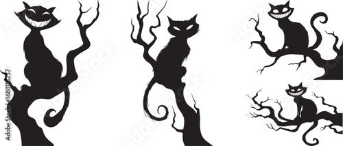 Halloween black cat silhouette vector spooky cats on tree branches clip art set