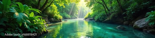 Serene Jungle River Sunlight Dapples Crystal-Clear Water Under Lush Green Foliage, Perfect for Travel and Nature Photography