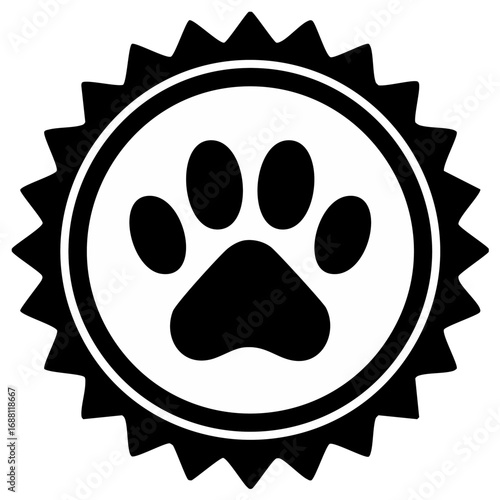Black and white dog paw print within a circular badge emblem