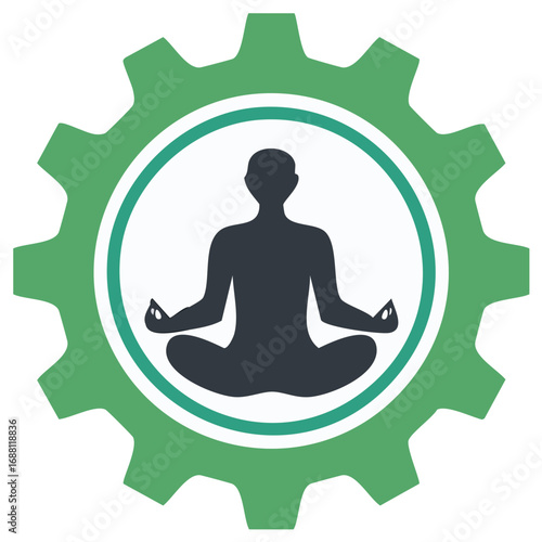 Inner peace within industry symbolized by meditating figure inside a green gear illustration