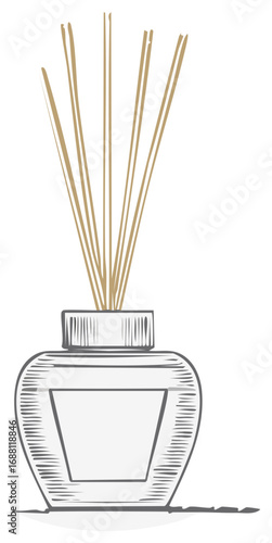 Engraved aroma reed diffuser in a glass bottle, interior decoration for scented fragrance