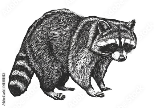 Isolated Illustration Of Raccoon With Black And White Fur On Transparent Background