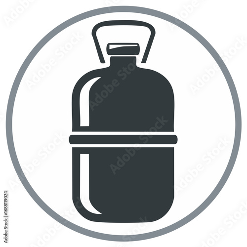 Icon of gas cylinder or pressurized bottle, dark grey shape enclosed in circle, fuel container