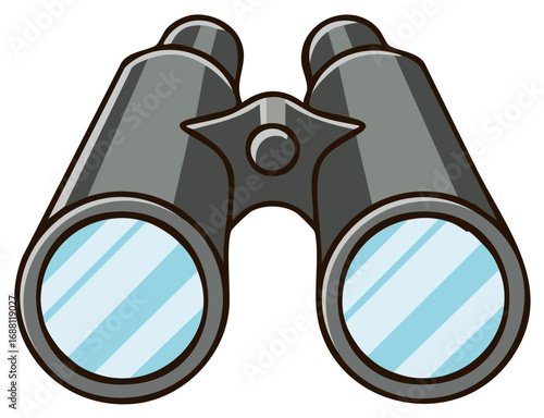 Cartoon style dark grey binoculars with blue reflective lenses for observation and discovery
