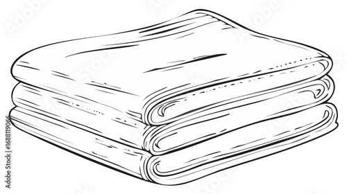 Stack of three neatly folded towels or blankets black and white line art illustration