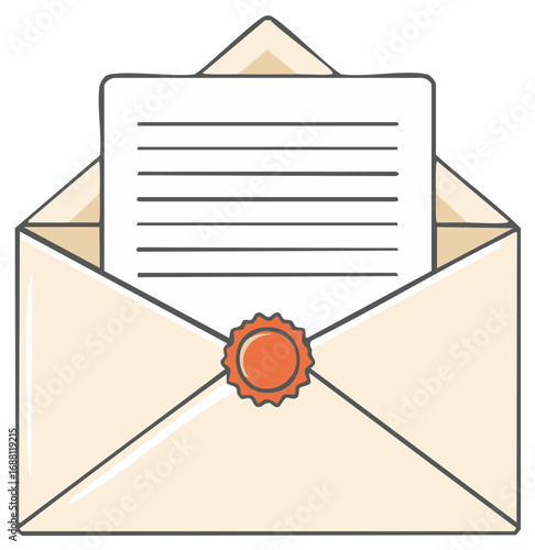 An opened envelope with a wax seal reveals a letter containing text lines for announcements or correspondence. Ideal for communication themes.
