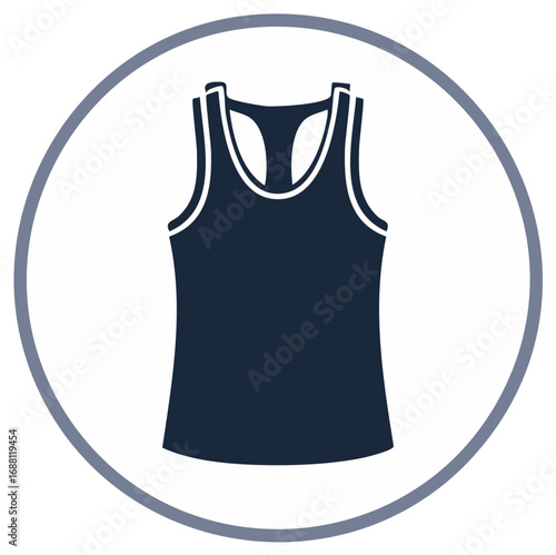 Simple Navy Blue Racerback Tank Top Icon within a Circle for Fitness Apparel and Activewear Design Elements