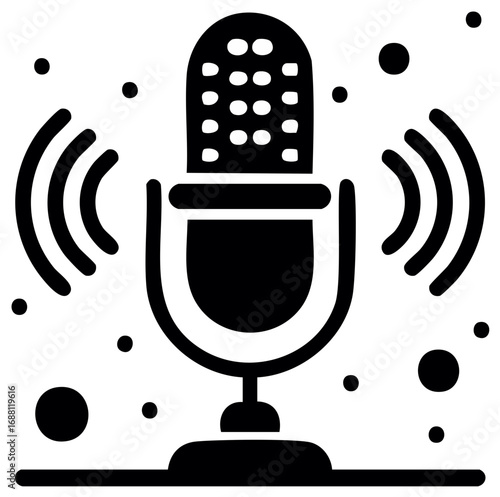 Classic microphone with radiating sound waves for broadcasting podcasting and audio recording