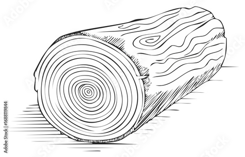 Line art illustration of a cut tree log showing growth rings and detailed wood grain texture