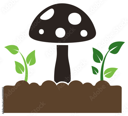 Spotted mushroom and green sprouts growing in soil vector illustration