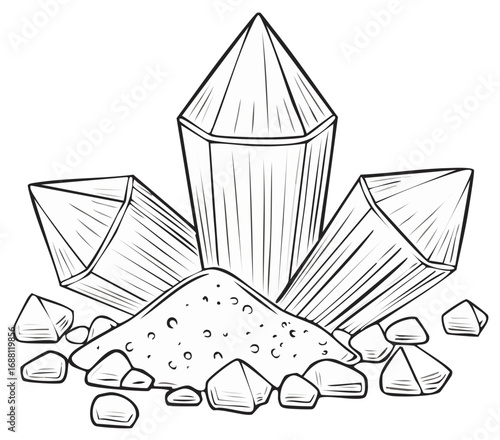 Hand Drawn Style Crystals and Gems with Outlines Sitting on Mineral Powder