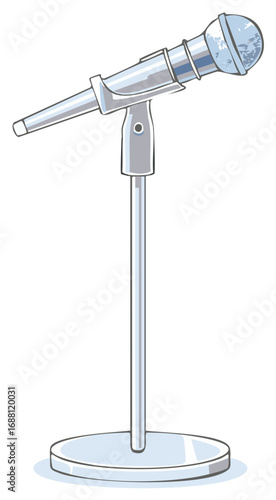 Shiny metal microphone on a stand for vocal performance and broadcasting