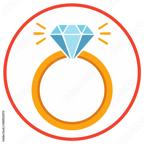 Diamond engagement ring icon symbolizing love and commitment within a red circle