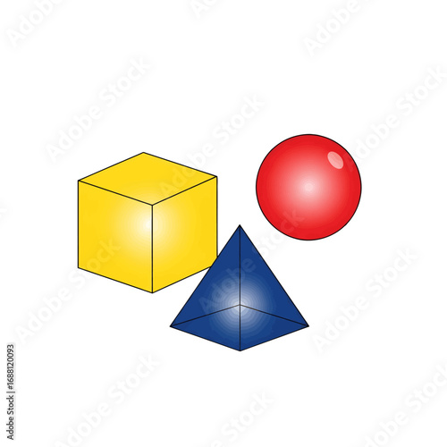 Geometric Shapes Composition Featuring a Yellow Cube a Red Sphere and a Blue Pyramid on White Background Rendered in Vector Style Illustration