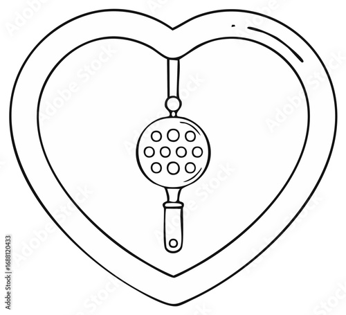 Simple line drawing of a heart shape framing a hanging tea infuser kitchen tool for beverages