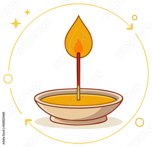 Bright Golden Lit Diya Oil Lamp with Flame and Wick in a Bowl Festive Illustration