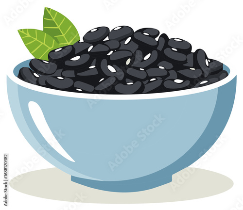 A blue bowl full of healthy black beans with a green leaf garnish vector illustration