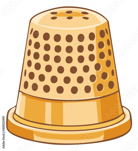 Golden metal thimble sewing protection finger shield with brown puncture marks, craftsmanship