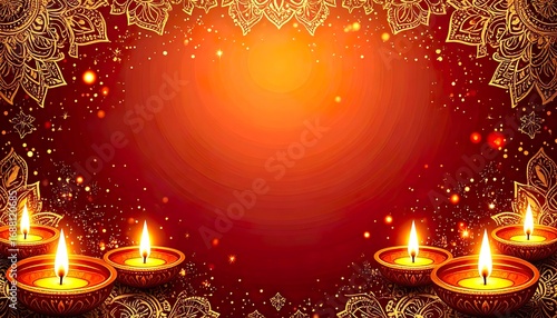Elegant Diwali Card Template with Diyas and Golden Mandala Border