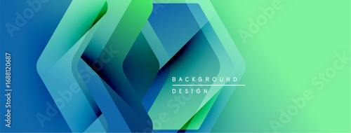 Abstract geometric shapes overlap. Blue, green gradients create modern background design. Text reads background design. Minimalist aesthetic.