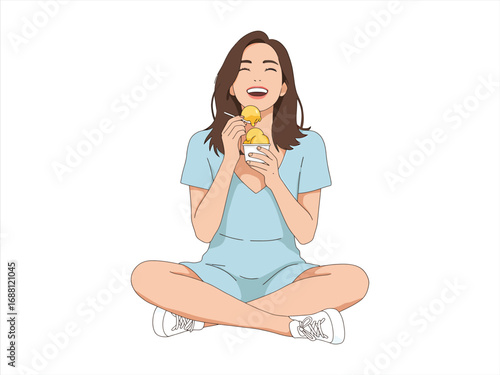 Happy girl eating ice cream. Hand drawn style vector design illustrations