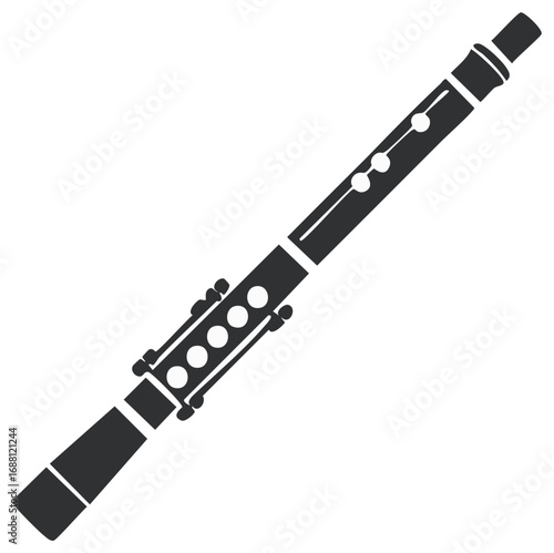 Monochrome depiction of woodwind instrument displaying musical elements and instrument details.