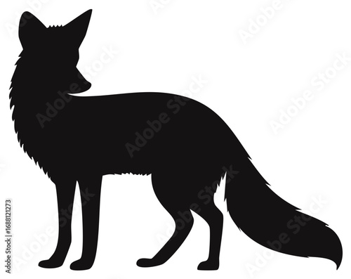 Black silhouette of a graceful fox standing alert in profile with a bushy tail