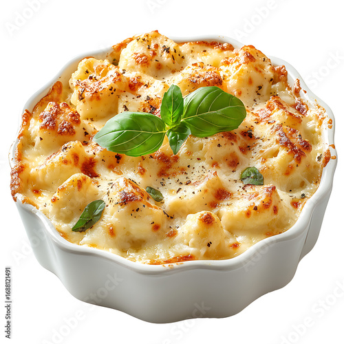 Cauliflower gratin baked with bechamel sauce isolated on transparent background