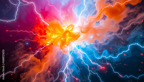 Abstract fantasy lightning explosion with colorful smoke and glowing particles, surreal artistic style, dynamic energy flow