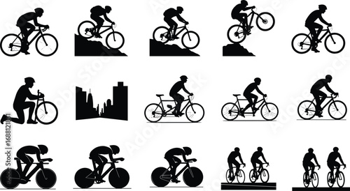 Cyclists riding mountain bikes and road bikes, bike maintenance, city cycling, tandem biking, cycling teamwork, biking sports silhouettes
