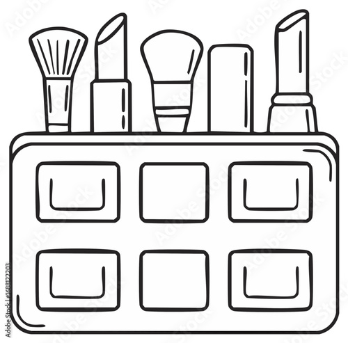 Hand drawn doodle illustration of a cosmetic set with an eyeshadow palette lipsticks and brushes