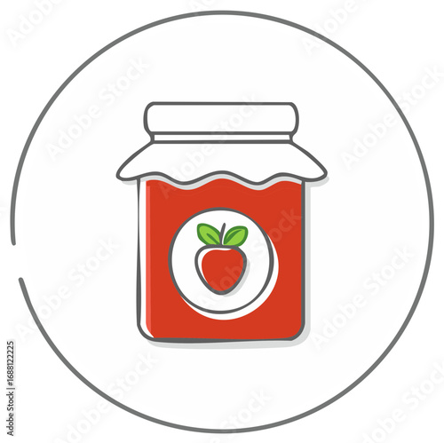 Colorful strawberry jam jar icon with berry label in a modern hand drawn doodle style for food concepts