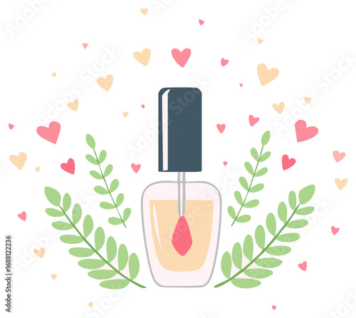 Cute nail polish bottle surrounded by leaves and hearts for beauty and self-care