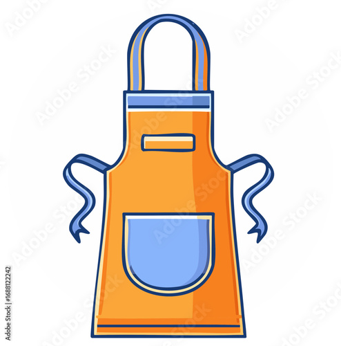 An illustrated orange and blue apron featuring a front pocket and ties perfect for cooking baking or crafting