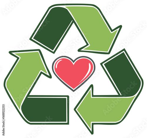 Recycle symbol with a heart in the center symbolizing love for the planet and eco-friendly practices
