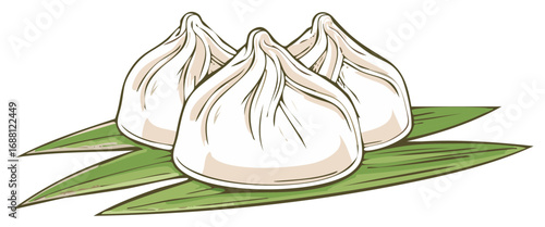 Three steamed dumplings resting on vibrant green leaves isolated on white background